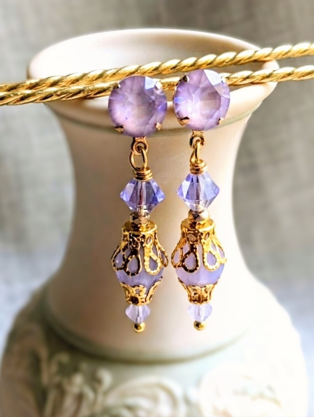Victorian Delicate & Dainty Purple AB Swarovski & Glass In Gold Plated Earrings